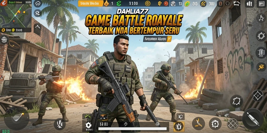 Screenshot DAHLIA77 menampilkan aksi gameplay Battle Royale yang intens.