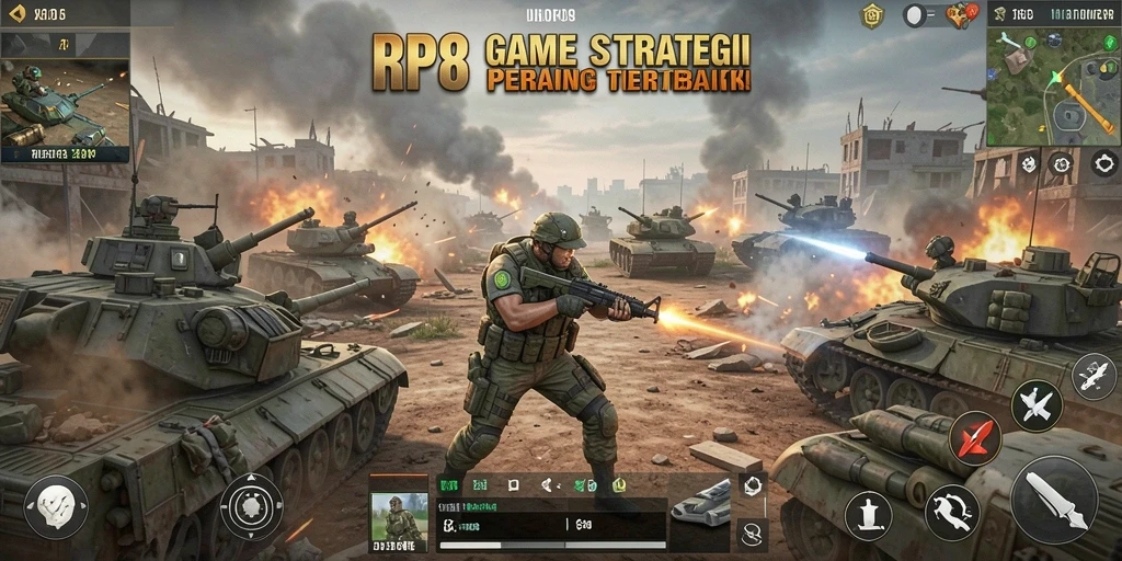 Screenshot gameplay RP8 yang menunjukkan pertempuran strategi yang epik.