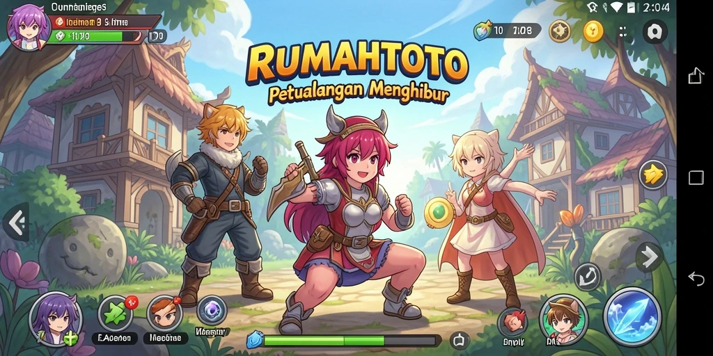 Screenshot utama RUMAHTOTO menampilkan karakter Anime dalam pertempuran epic.