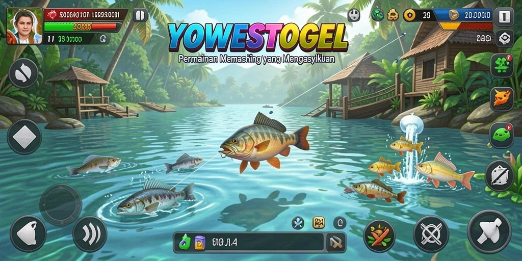 Screenshot gameplay YOWESTOGEL dengan aksi memancing yang intens.